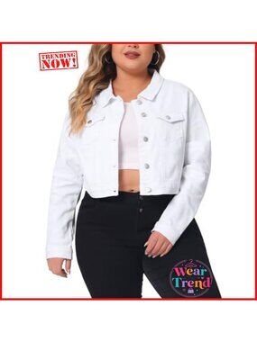 Plus Size Cropped Denim Jacket Button Down Chest Pockets